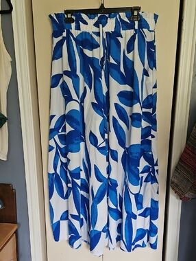 Leaf Print Very Wide Leg  Pants - White & Blue  XL 18+